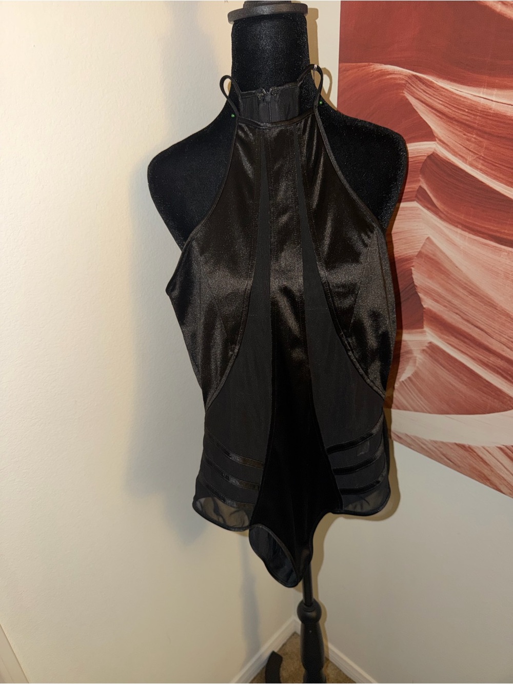 Source Unknown Black Satin Mesh Halter Bodysuit